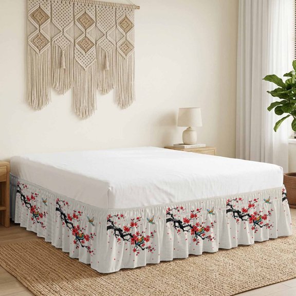 Spring Bed Skirt Bed Skirts King Size 16 Inch Drop, Oriental Traditional Red Plum Blossoms Birds Ethnic Linen Wrap Around Dust Ruffle Bedskirt with Adjustable Elastic Belt for King Size Beds