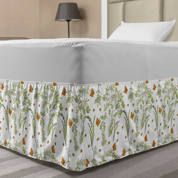 Spring Bed Skirt, Butterflies Flying Flower Field Shabby Seasonal Flourish Pastel Petals, Elastic Bedskirt Dust Ruffle Wrap Around for Bedding Decor, 4 Sizes, Pale Green Dark Orange, by Ambesonne