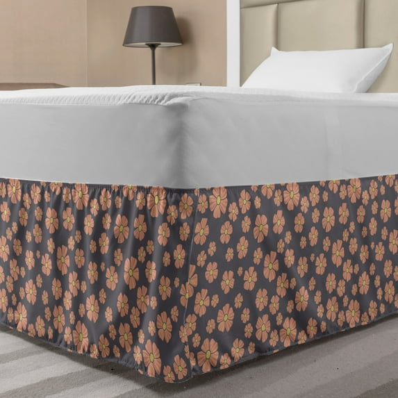 Spring Bed Skirt, Doodle Style Blooming Flowers on Greyscale Background Garden Art Design, Elastic Bedskirt Dust Ruffle Wrap Around for Bedding Decor, 4 Sizes, Peach Taupe Grey Yellow, by Ambesonne