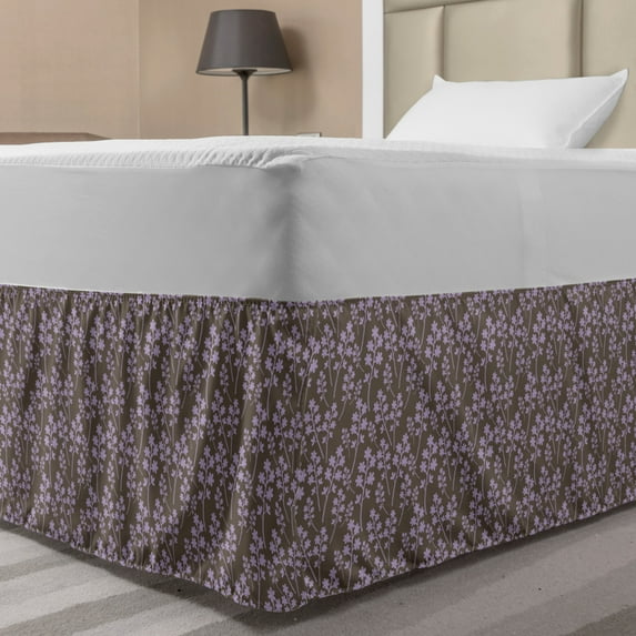 Spring Bed Skirt, Natural Theme Violet Flower Patterns Leaves and Branches Abstract Seasonal Art, Elastic Bedskirt Dust Ruffle Wrap Around for Bedding Decor, 4 Sizes, Lavender Taupe, by Ambesonne