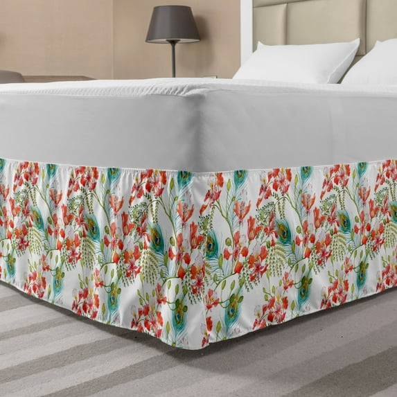 Spring Bed Skirt, Peacock Feather Petunia Blossom Field Seasonal Blush Botanical Leaves Watercolor, Elastic Bedskirt Dust Ruffle Wrap Around for Bedding Decor, 4 Sizes, Multicolor, by Ambesonne