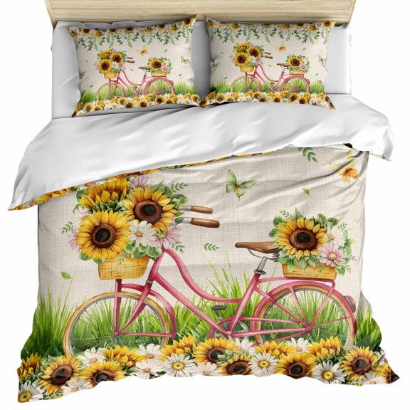 Spring Bedding 3 Piece Duvet Cover Set Queen Size, Bicycles Botanical Sunflowers Leaves Butterfly Microfiber Comforter Cover with Zipper Closure & Pillowcases, Wrinkle & FadeResistant Quilt Cover