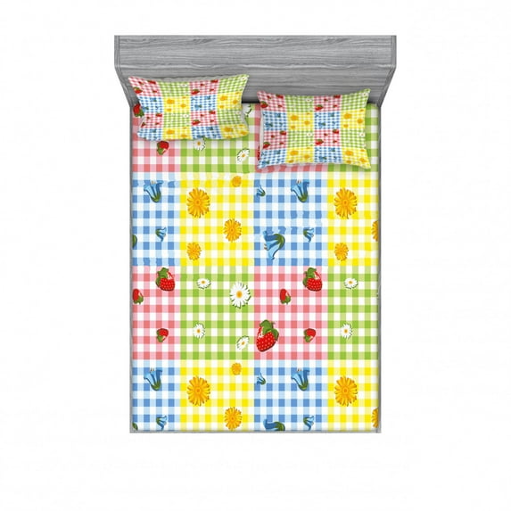 Spring Bedding Set with Sheet & Covers, Colorful Pattern with Strawberries Chamomiles Bluebells and Marigold Picnic Design, Printed Bedroom Decor 2 Shams, 4 Sizes, Multicolor, by Ambesonne