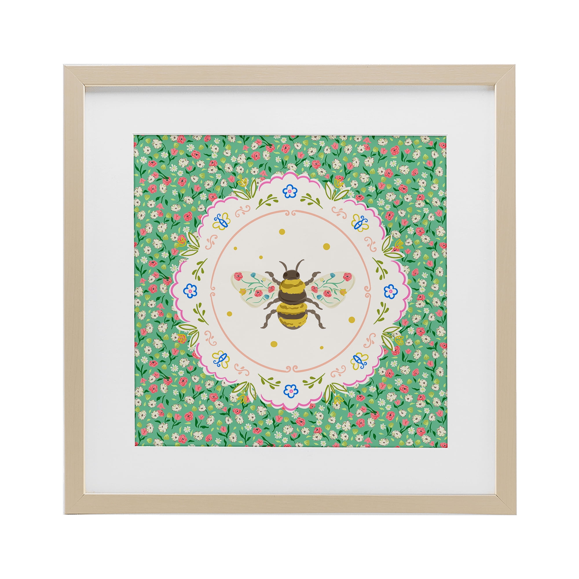 Spring Bee Delicate Florals Birch Framed Print Under Glass, design by Angela Steahling