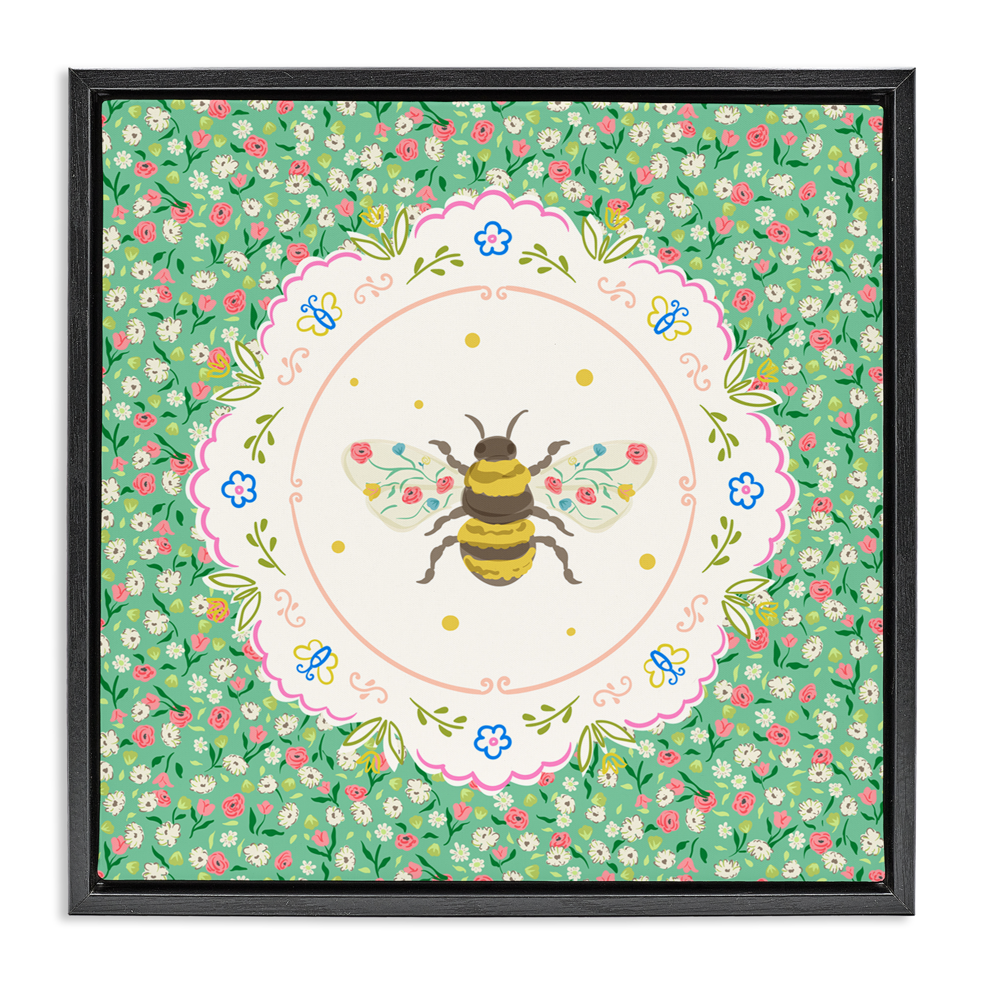 Spring Bee Delicate Florals Black Framed Floater Canvas Wall Art, design by Angela Steahling