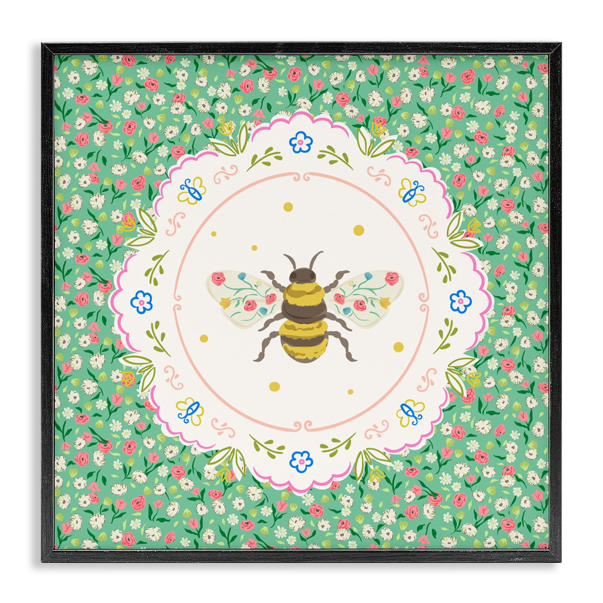 Spring Bee Delicate Florals Black Framed Giclee Art, design by Angela Steahling