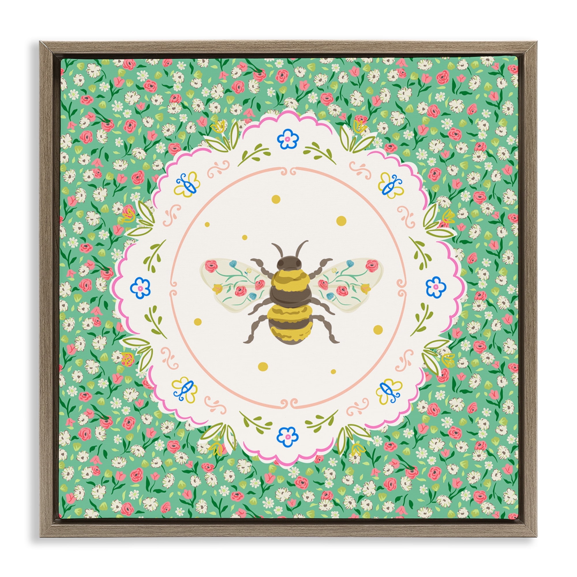 Spring Bee Delicate Florals Brown Framed Floater Canvas Wall Art, design by Angela Steahling