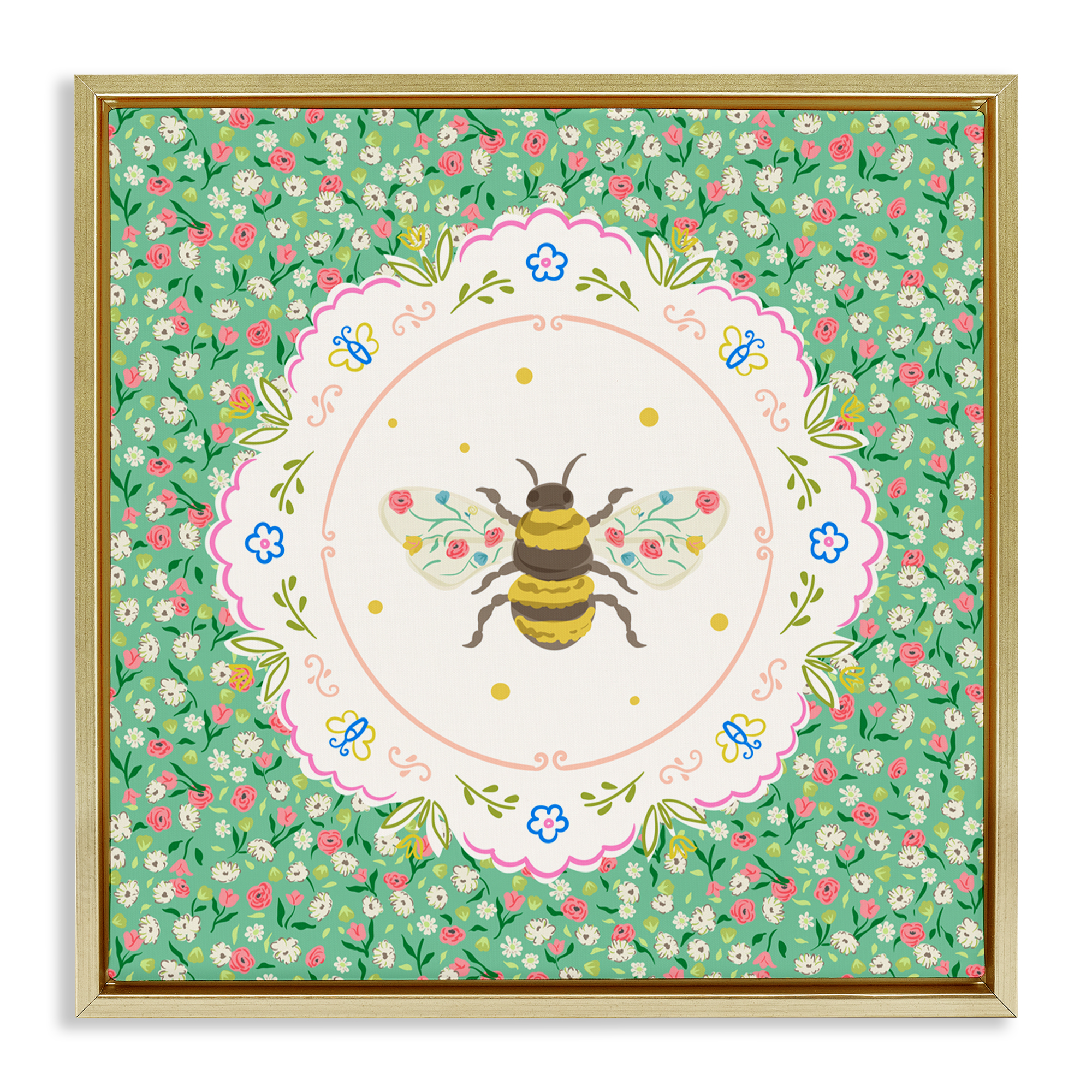 Spring Bee Delicate Florals Gold Framed Floater Canvas Wall Art, design by Angela Steahling