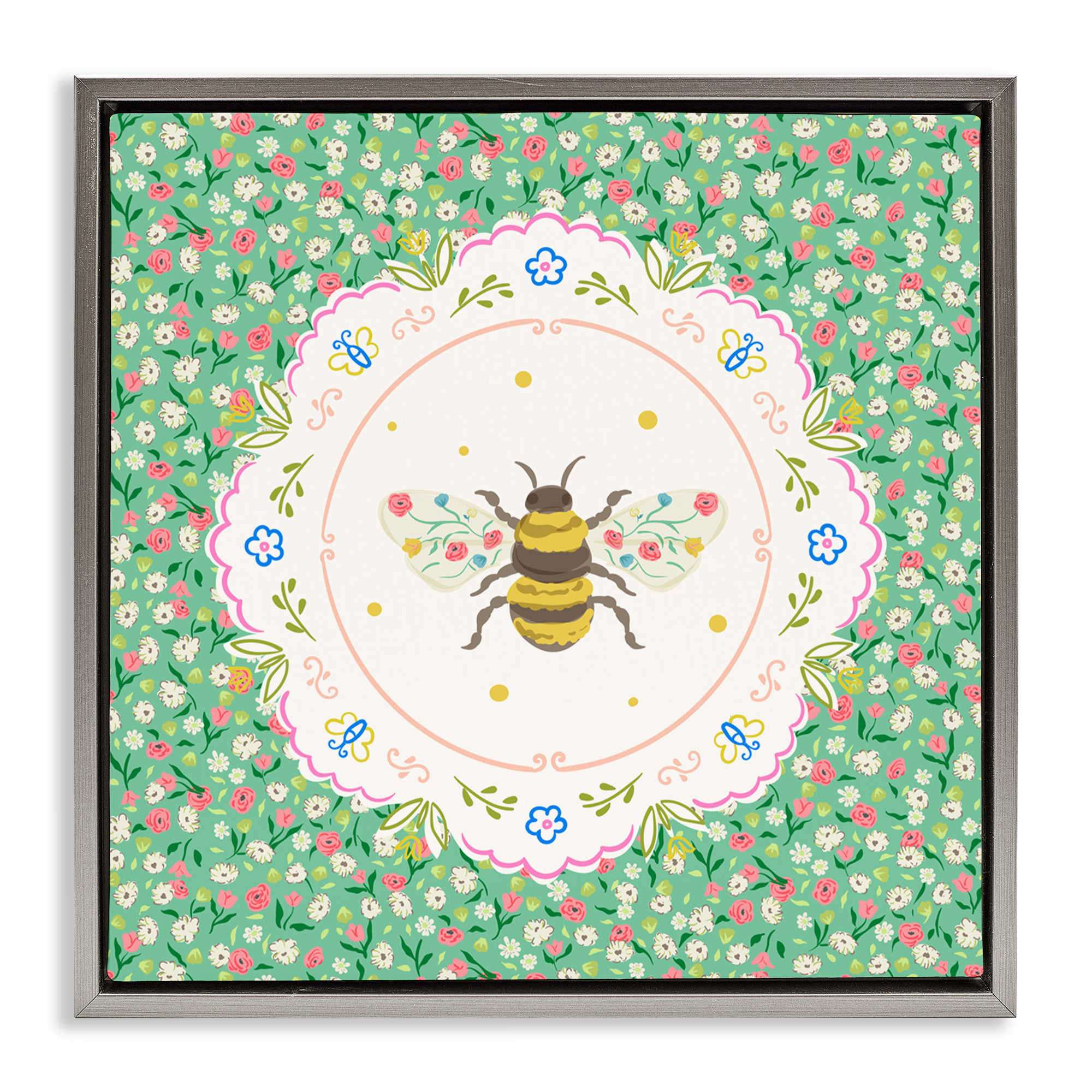 Spring Bee Delicate Florals Gray Framed Floater Canvas Wall Art, design by Angela Steahling
