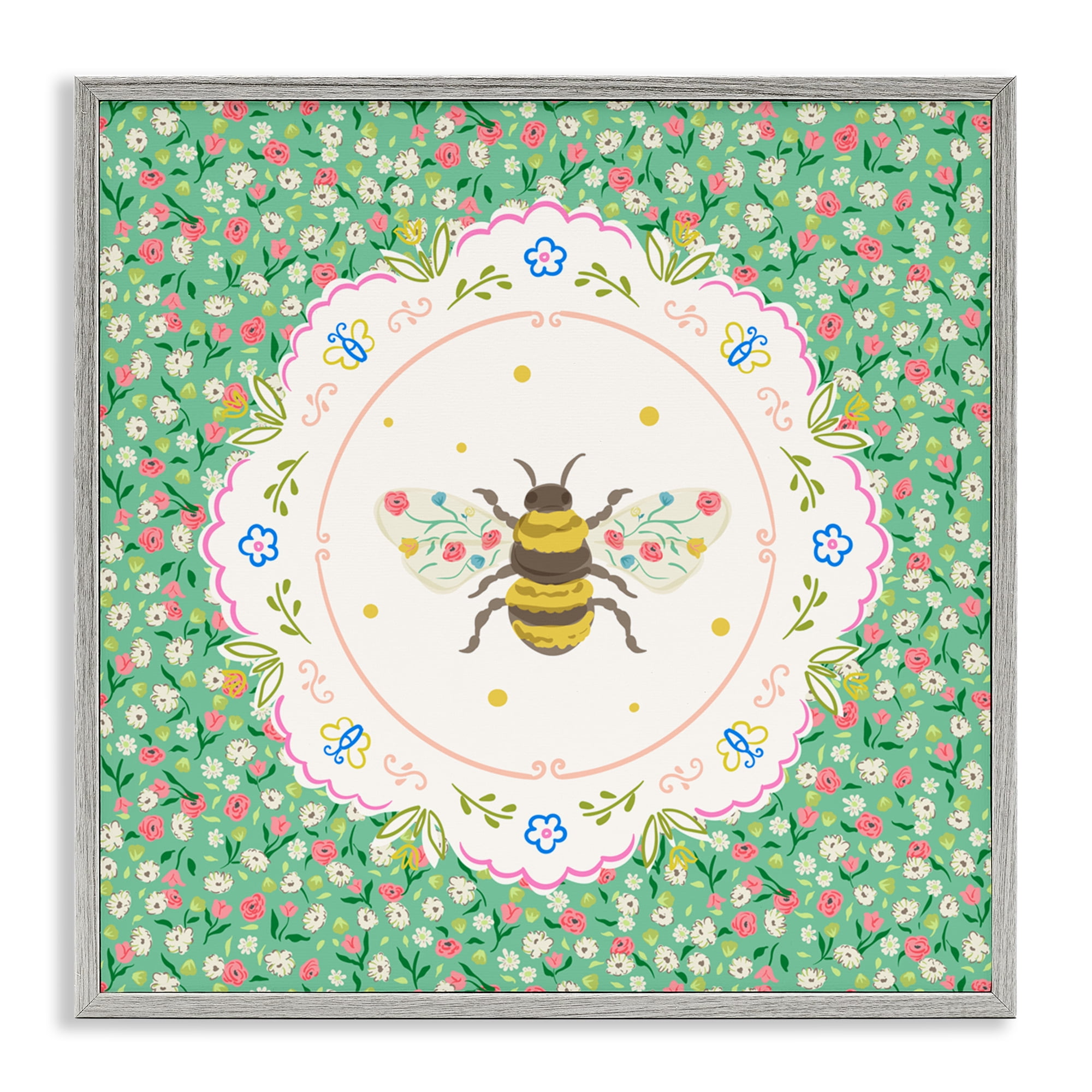Spring Bee Delicate Florals Gray Framed Giclee Art, design by Angela Steahling