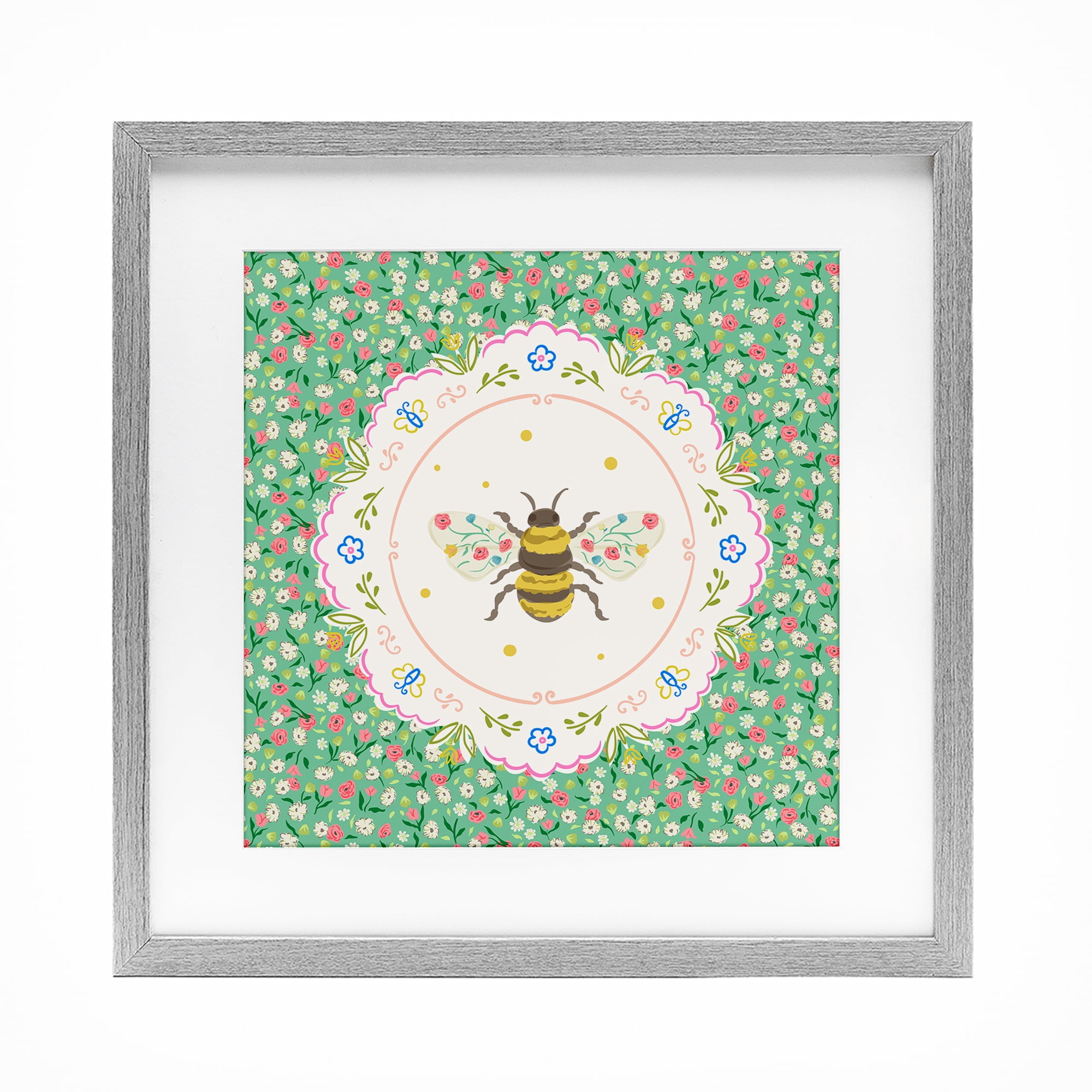 Spring Bee Delicate Florals Gray Framed Print Under Glass, design by Angela Steahling
