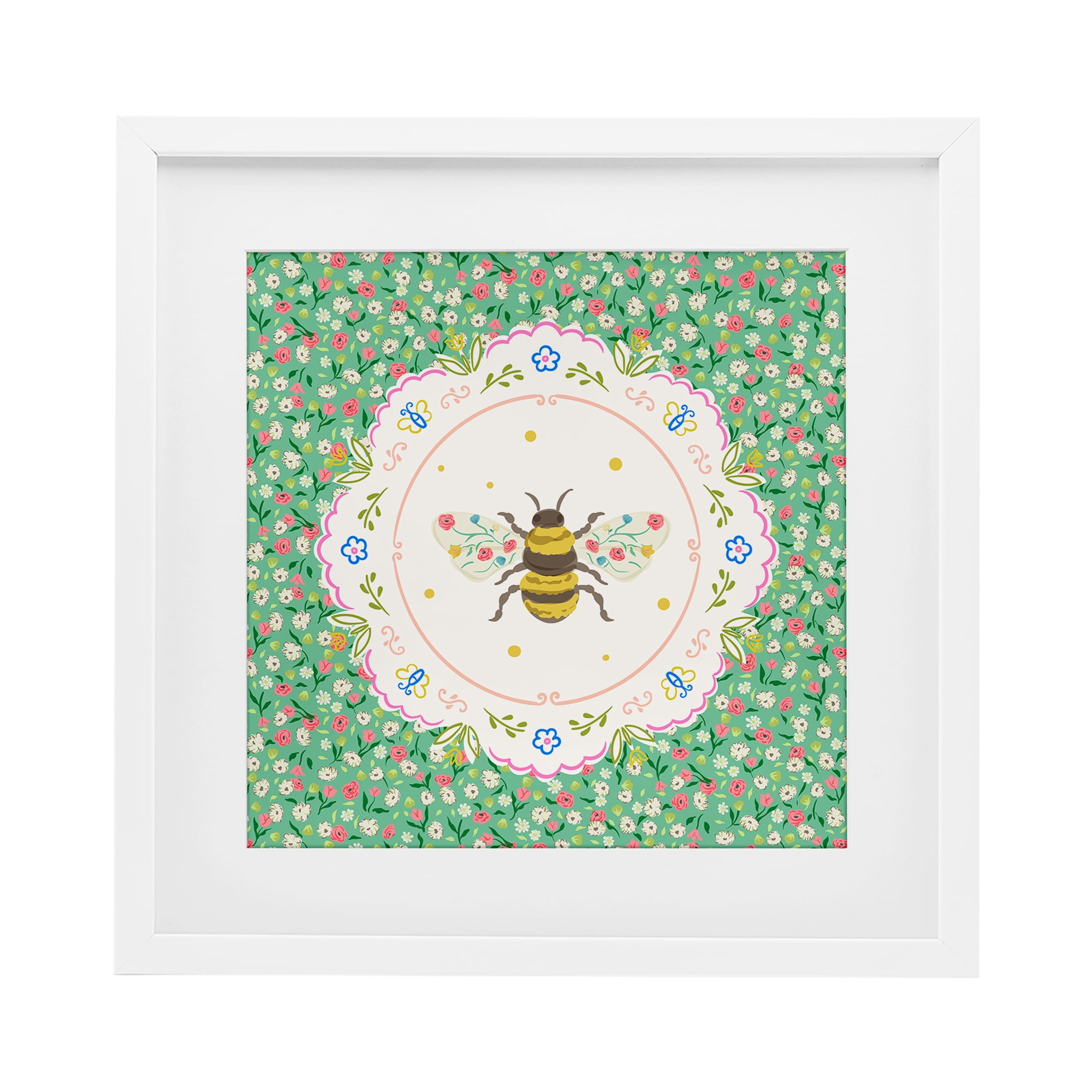 Spring Bee Delicate Florals White Framed Print Under Glass, design by Angela Steahling