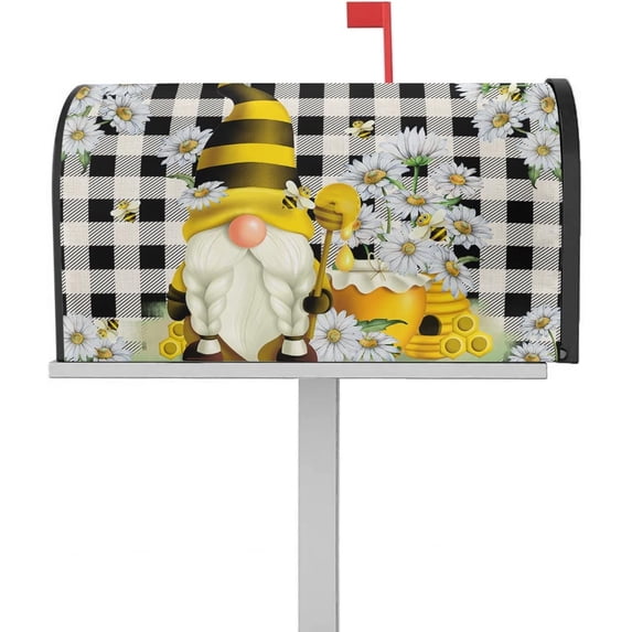 Spring Bee Gnome Magnetic Mailbox Covers 21"x25.5", Honey Daisy Farmhouse Summer Flower Mailbox Wraps Standard Size Buffalo Plaid Post Letter Box Cover for Garden Yard Home Patio Decor