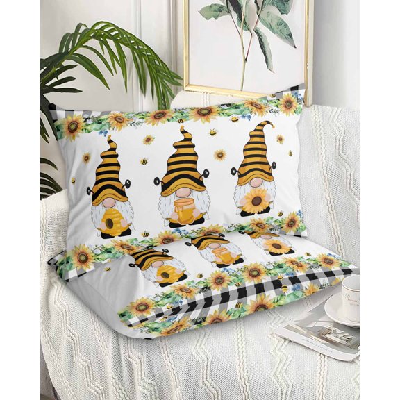 Spring Bee Gnomes King Pillow Cases Set of 2 - Microfiber Bed Throw Pillow Covers, Sunflowers Black Checkered Decorative Lumbar Pillow Cover with Envelope Closure for Sofa/Travel 20"x36"