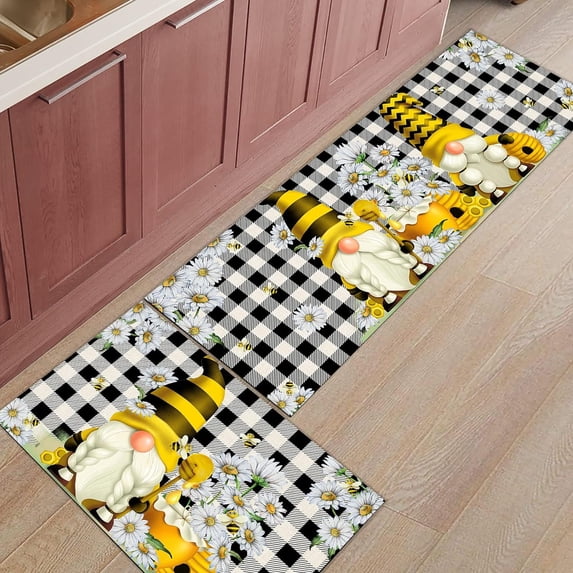 Spring Bee Gnomes Kitchen Mats 2 Piece, Summer Idyllic Daisy Flowers Floral Kitchen Rugs Set Buffalo Plaid Check Inside Floor Mat for Kitchen/Office/Entryway, 17"X30"+17"X47"