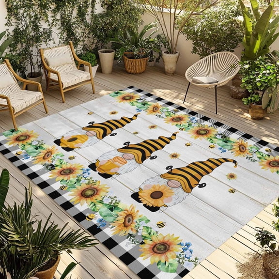 Spring Bee Gnomes Outdoor Rug 5x7 Ft - Reversible Patio Rug Outdoor Camping Rugs, Sunflowers Black Plaid Grey Wooden Washable Indoor Outdoor Area Rugs, Non-Slip Outdoor Carpet Runner for Deck/Porch