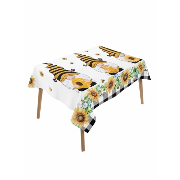 Spring Bee Gnomes Table Cloth, Waterproof Tablecloth for Rectangle Tables, Sunflowers Black Checkered Reusable Washable Fabric Table Cover for Restaurant Kitchen Dining Tables 60"x102"