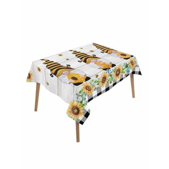 Spring Bee Gnomes Table Cloth, Waterproof Tablecloth for Rectangle Tables, Sunflowers Black Plaid Grey Wooden Reusable Washable Fabric Table Cover for Restaurant Kitchen Dining Tables 60"x102"