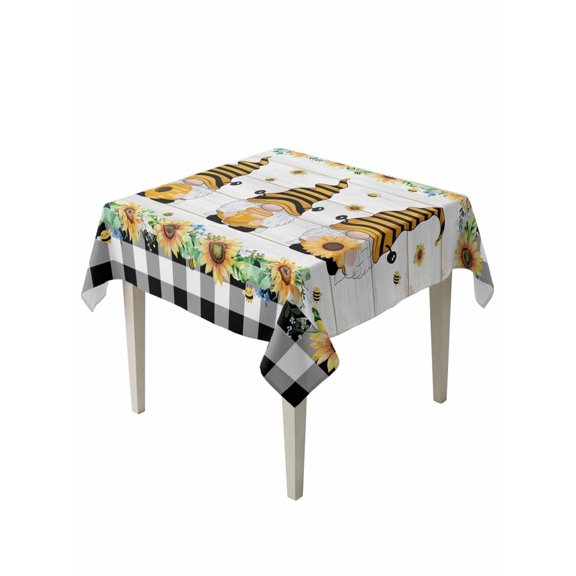 Spring Bee Gnomes Table Cloth, Waterproof Tablecloth for Square Tables, Sunflowers Black Plaid Grey Wooden Reusable Washable Fabric Table Cover for Restaurant Kitchen Dining Tables 60"x60"
