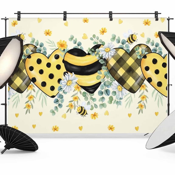 Spring Bee Love Backdrop for Photography,Fabric Photo Background Backdrop,Yellow Daisy Eucalyptus Leaves Rustic Photo Booth Background for Portrait Photoshoot Video Wedding Studio Decor Banner 7x5ft