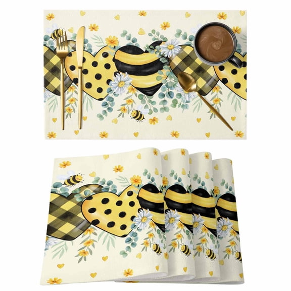 Spring Bee Love Placemats Set of 4, Yellow Daisy Eucalyptus Leaves Rustic Placemats for Dining Table, Place Mats for Kitchen Tabletop, Waterproof Wipeable Dining Table Mats Set