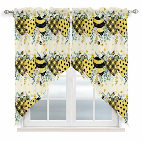 Spring Bee Love Swag Curtains for Kitchen/Bedroom/Living Room, Yellow Daisy Eucalyptus Leaves Rustic Scalloped Curtains 63 Inch Long, Window Swag Topper Curtains Valances 2 Panels Set 36"x63"
