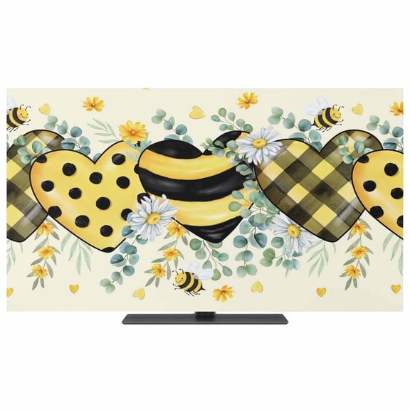Spring Bee Love TV Dust Cover,Stretchable TV Screen Desktop Computer Protector Cover,Yellow Daisy Eucalyptus Leaves Rustic Television Dustproof Slipcover for 19–24 Inch Flat or Curved TVs