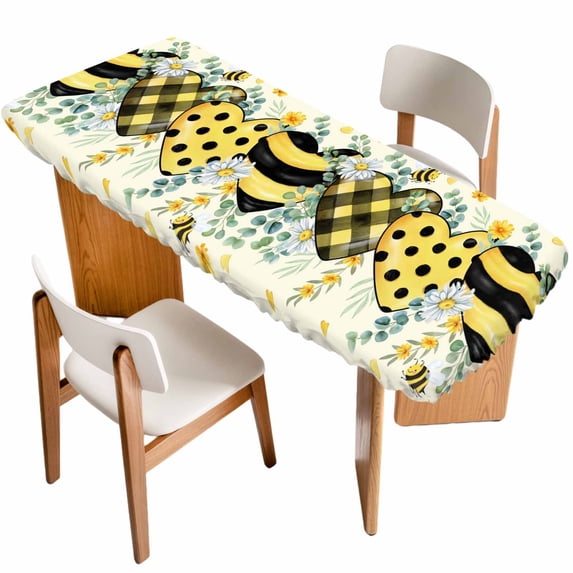 Spring Bee Love Table Cloths for 8 Foot Rectangle Tables, Yellow Daisy Eucalyptus Leaves Rustic Patio Waterproof Elastic Fitted Tablecloths, Washable Rectangular Table Cover for Camping