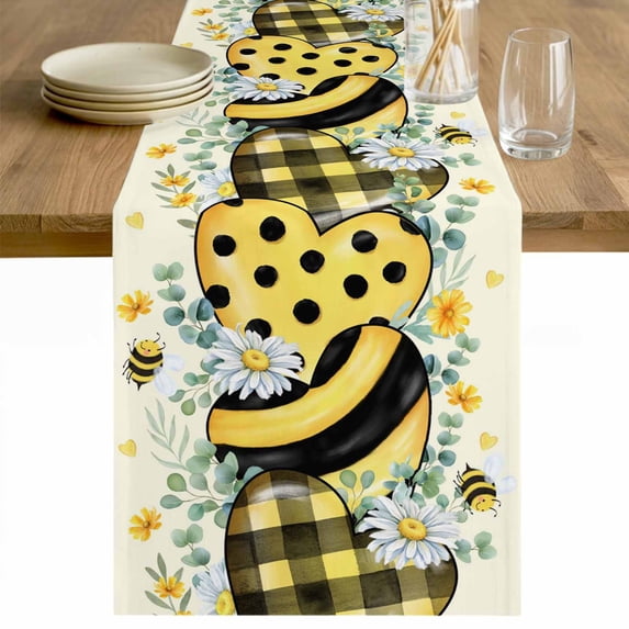 Spring Bee Love Table Runner - 108 Inch Long Yellow Daisy Eucalyptus Leaves Rustic Cotton and Linen Blended Dress Scarves Farmhouse Table Runner for Kitchen Dining, Coffee Table, 13" x 108"