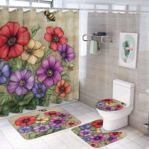 Spring Bee Red Geranium Shower Curtain Sets 4 Piece with Non-Slip Rugs Toilet Lid Cover and Bath Mat Shower Curtain Set Floral Seasonal Waterproof Fabric Bath Curtains for Bathroom Decor Sets