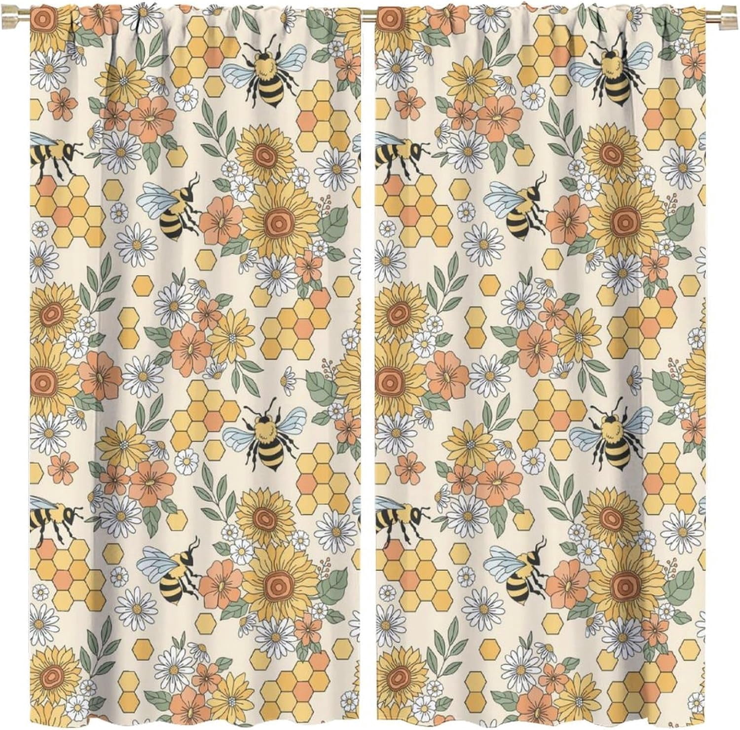 Spring Bees Curtains Colorful Flowers Yellow Geometric Hexagonal ...