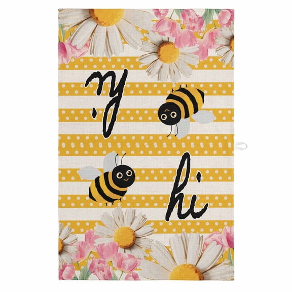 Spring Bees Daisy 1 Pack Kitchen Towel, Water Absorbent Dish Towel, Rustic Tulips Dots Yellow Striped Burlap Decorative Hand Towels - Quick Drying Cloth for Cooking Baking, 18x28 Inch