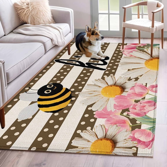 Spring Bees Daisy 3'x5' Washable Rug, Rustic Tulips Dots Brown Striped Burlap Non-Slip Area Rugs for Entryway Kitchen Classroom, StainResistant Dorm Throw Carpet, Low Pile Soft Indoor Floor Mat