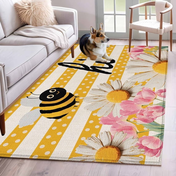Spring Bees Daisy Area Rugs 4'x6', Washable Small Throw Rugs for Office Bathroom, Rustic Tulips Dots Yellow Striped Burlap Indoor Outdoor Rug Non-Slip Low Pile Carpet Runner Reversible Floor Mats