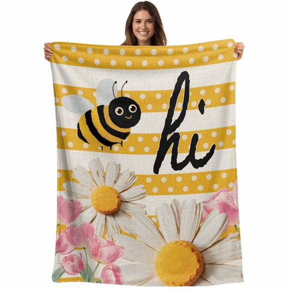 Spring Bees Daisy Blanket Soft Cozy Warm Twin Blanket for Bed, Plush Fuzzy Flannel Fleece Blankets for Sofa, Rustic Tulips Dots Yellow Striped Burlap Throw Blankets for Couch Gifts, 60"x80"