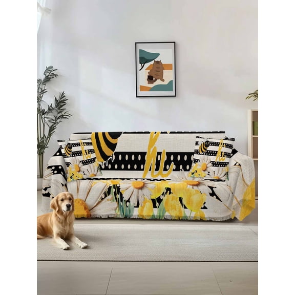 Spring Bees Daisy Couch Cover, Rustic Tulips Dots Black Striped Burlap Sofa Cover Blanket for 1 Seat Cushion, Sectional Sofa Slipcover Furniture Protector for Living Room Bedroom 71''x91''