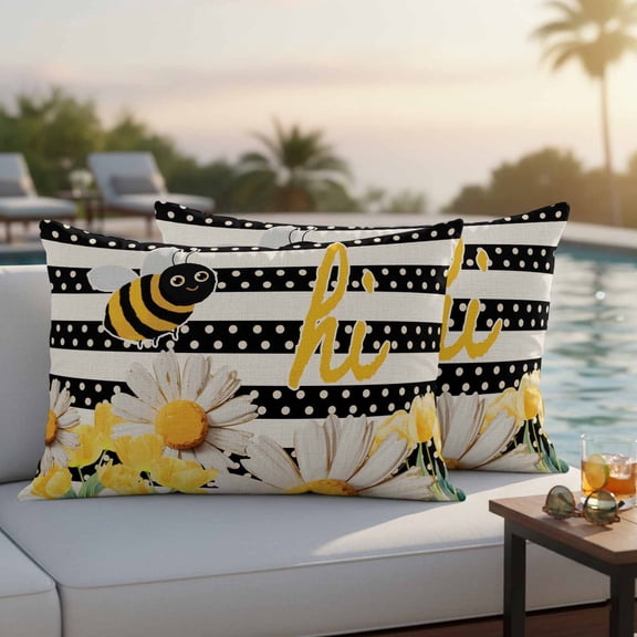 Spring Bees Daisy Outdoor Pillow Covers 20x12 Inch Lumbar Pillow Covers Set of 2 Waterproof Decorative Throw Pillow Cases Rustic Tulips Dots Black Striped Burlap Cushion Covers for Patio Furniture