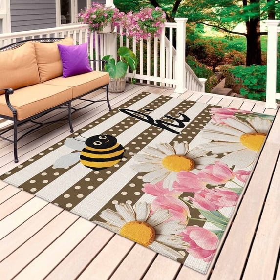 Spring Bees Daisy Outdoor Rug 4x6 Ft, Non Slip Washable Area Rug, Rustic Tulips Dots Brown Striped Burlap Patio Rugs Carpet Runner, Large Floor Mat for Indoor/Outdoor Deck Porch Camping