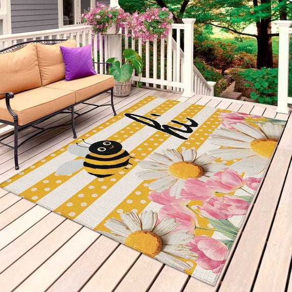 Spring Bees Daisy Outdoor Rug 5x7 Ft, Non Slip Washable Area Rug, Rustic Tulips Dots Yellow Striped Burlap Patio Rugs Carpet Runner, Large Floor Mat for Indoor/Outdoor Deck Porch Camping