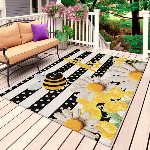 Spring Bees Daisy Outdoor Rug 6x9 Ft, Non Slip Washable Area Rug, Rustic Tulips Dots Black Striped Burlap Patio Rugs Carpet Runner, Large Floor Mat for Indoor/Outdoor Deck Porch Camping
