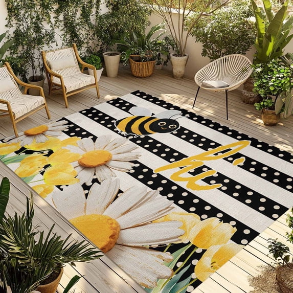 Spring Bees Daisy Outdoor Rug for Patio/Deck/Porch, Non-Slip Large Area Rug 3 x 5 Ft, Rustic Tulips Dots Black Striped Burlap Indoor Outdoor Rugs Washable Area Rugs, Camping Rug Carpet Runner