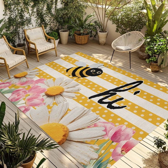 Spring Bees Daisy Outdoor Rug for Patio/Deck/Porch, Non-Slip Large Area Rug 5 x 7 Ft, Rustic Tulips Dots Yellow Striped Burlap Indoor Outdoor Rugs Washable Area Rugs, Camping Rug Carpet Runner