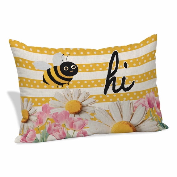 Spring Bees Daisy Pillow Protectors with Zipper Standard Size, Rustic Tulips Dots Yellow Striped Burlap Soft Brushed Microfiber Breathable Throw Pillow Covers, Pillowcase for Couch Sofa 20"x26"
