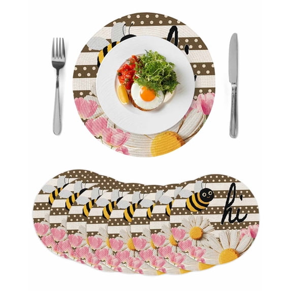Spring Bees Daisy Round 13 Inch Placemats Set of 8, Rustic Tulips Dots Brown Striped Burlap HeatResistant Non Slip Place Mats for Dining Table, Wipeable Braided Kitchen Table Mats for Housewarming