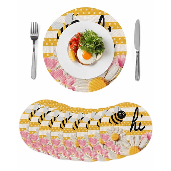 Spring Bees Daisy Round 15 Inch Placemats Set of 8, Rustic Tulips Dots Yellow Striped Burlap HeatResistant Non Slip Place Mats for Dining Table, Wipeable Braided Kitchen Table Mats for Housewarming
