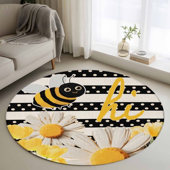 Spring Bees Daisy Round Area Rug 4Ft Washable Circle Rugs for Bedroom Dining Room, Rustic Tulips Dots Black Striped Burlap Non-Slip Carpet Floor Mats Indoor Outdoor Carpet Runner Aesthetic Home Decor