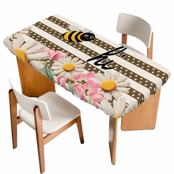 Spring Bees Daisy Table Cloths for 3 Foot Rectangle Tables, Rustic Tulips Dots Brown Striped Burlap Patio Waterproof Elastic Fitted Tablecloths, Washable Rectangular Table Cover for Camping