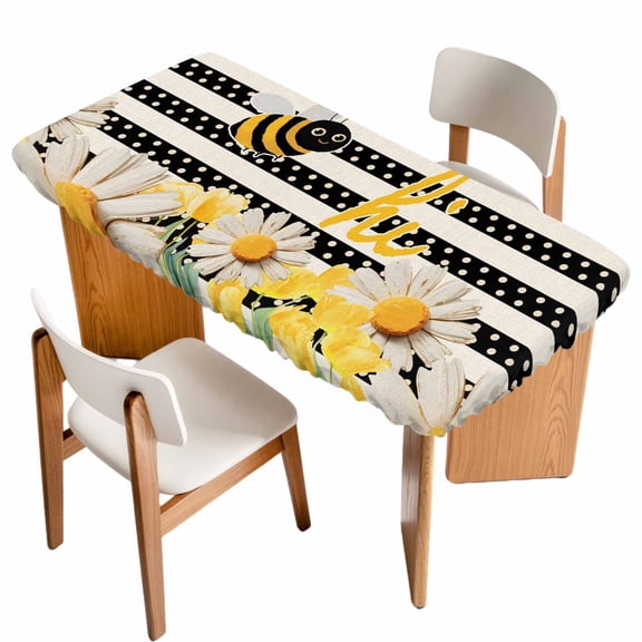 Spring Bees Daisy Table Cloths for 5 Foot Rectangle Tables, Rustic Tulips Dots Black Striped Burlap Patio Waterproof Elastic Fitted Tablecloths, Washable Rectangular Table Cover for Camping