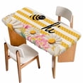 thumbnail image 1 of Spring Bees Daisy Table Cloths for 6 Foot Rectangle Tables, Rustic Tulips Dots Yellow Striped Burlap Patio Waterproof Elastic Fitted Tablecloths, Washable Rectangular Table Cover for Camping, 1 of 8