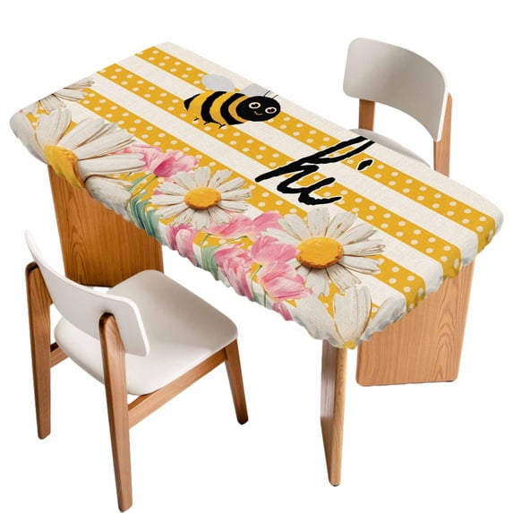 Spring Bees Daisy Table Cloths for 6 Foot Rectangle Tables, Rustic Tulips Dots Yellow Striped Burlap Patio Waterproof Elastic Fitted Tablecloths, Washable Rectangular Table Cover for Camping